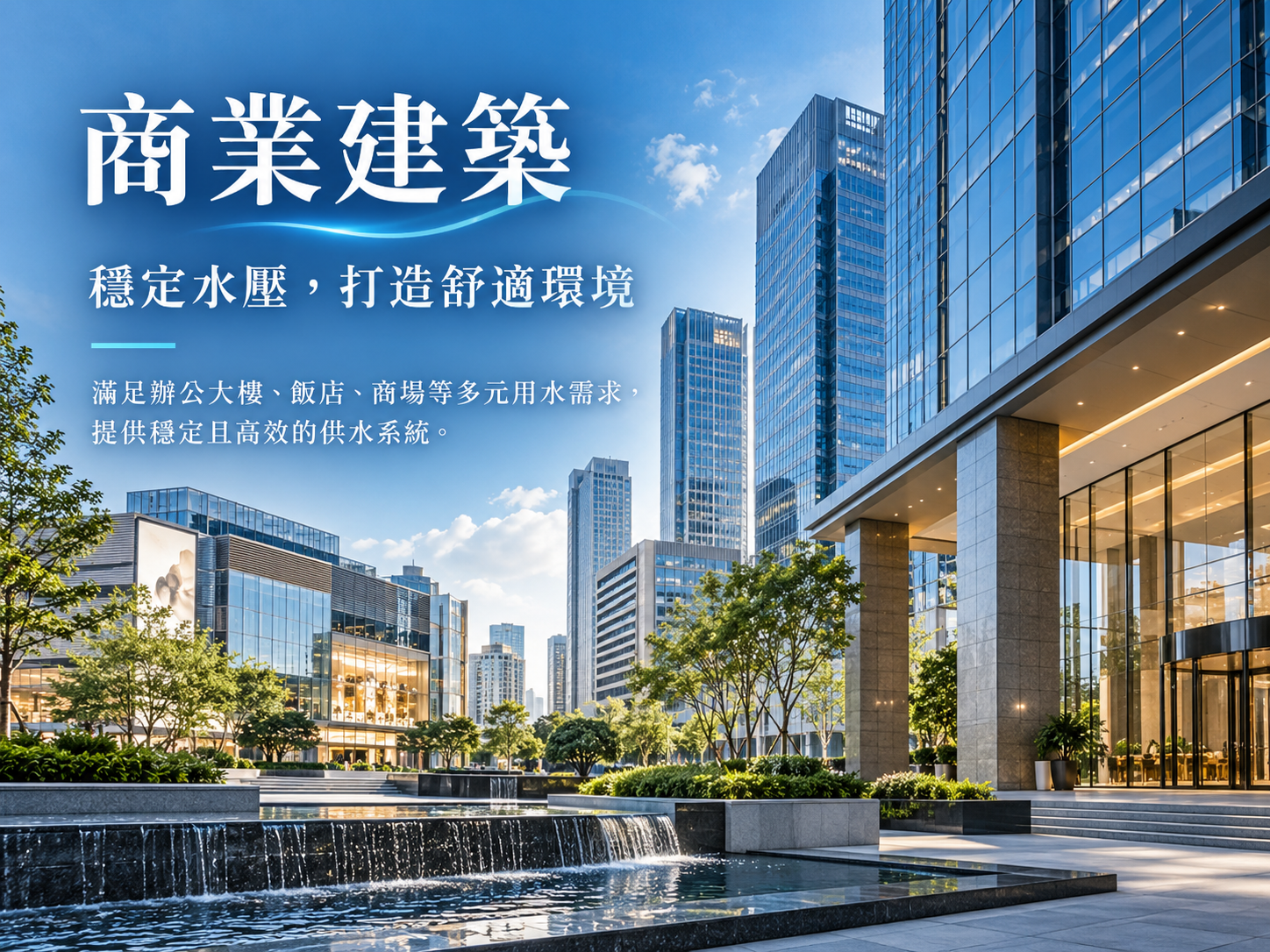 HAITIMA 商業建築品牌形象示意圖，呈現現代辦公大樓與建築用水環境。