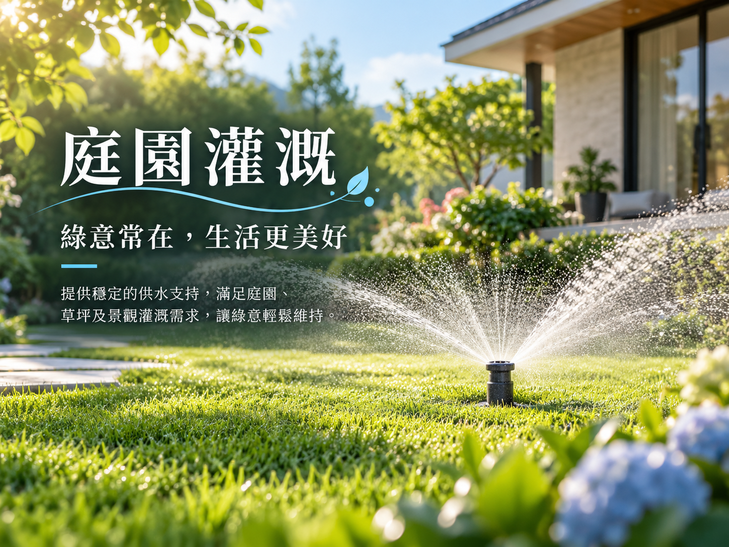 HAITIMA 庭園灌溉品牌形象示意圖，呈現草坪、植物與灑水灌溉情境。