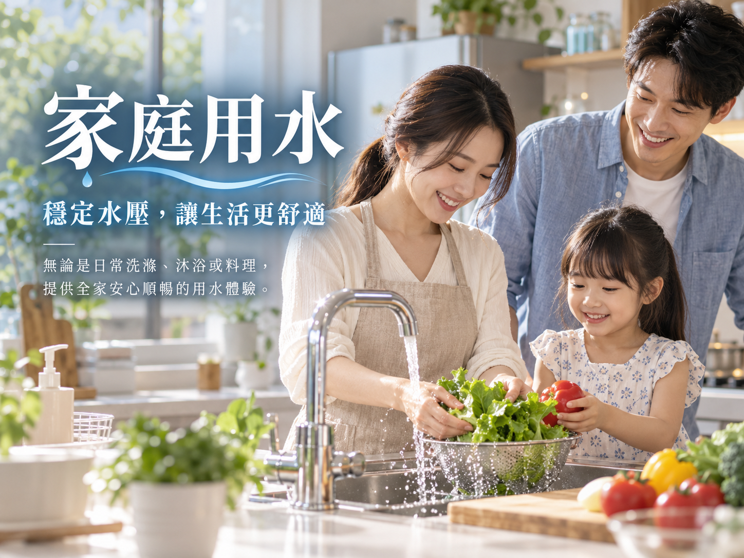 HAITIMA 家庭用水品牌形象示意圖，呈現一家人在廚房使用水的生活情境。